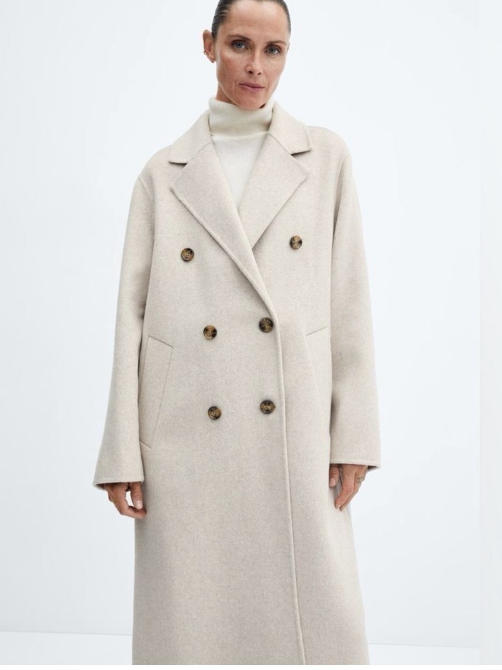 MANGO Handmade Double-Breasted Wool-Blend Long Coat - Cream